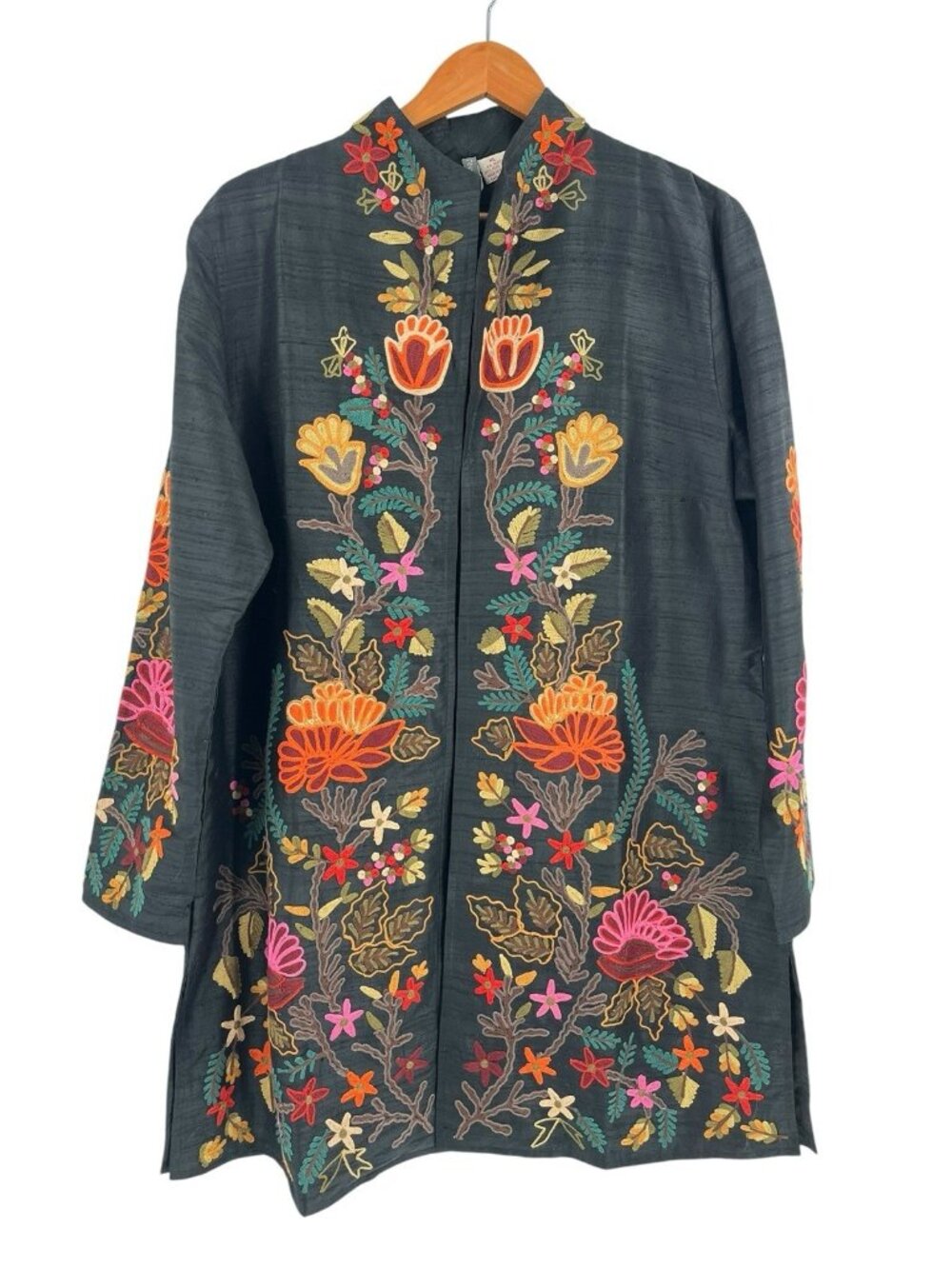 ANU Women's Black Silk Floral Embroidered Cardigan Duster XL